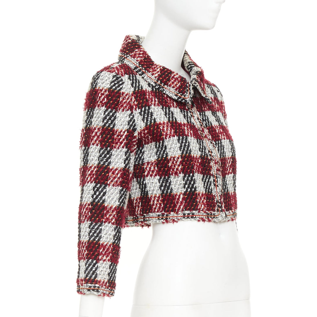 CHANEL 16A Runway burgundy checked tweed cropped zip-up jacket FR40 M