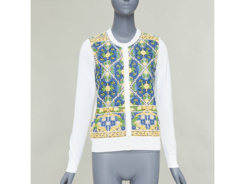 DOLCE GABBANA Majolica print embroidery anglais lace cream cardigan IT40 S