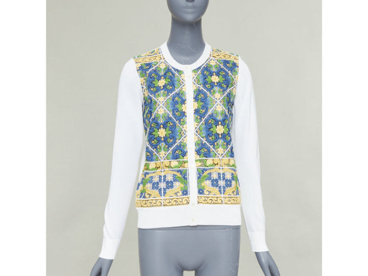 DOLCE GABBANA Majolica print embroidery anglais lace cream cardigan IT40 S