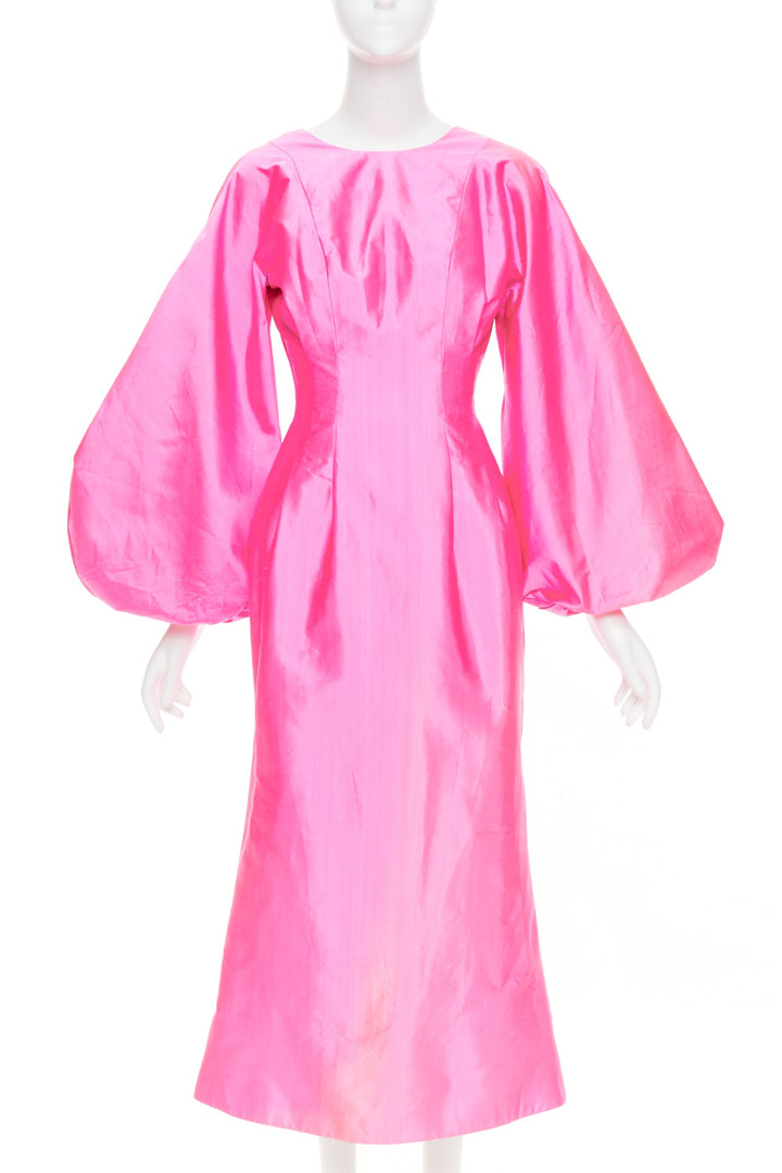 ROSARIO hot pink 100% silk shiny puff sleeves cinched waist midi dress FR36 S