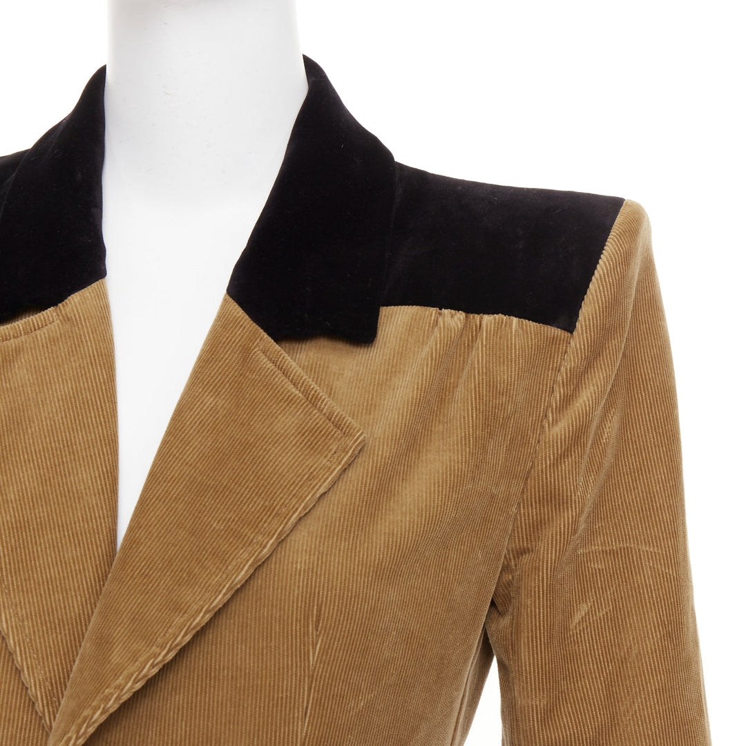 SAINT LAURENT 2022 Runway peak lapel brown cotton corduroy black jumpsuit FR34