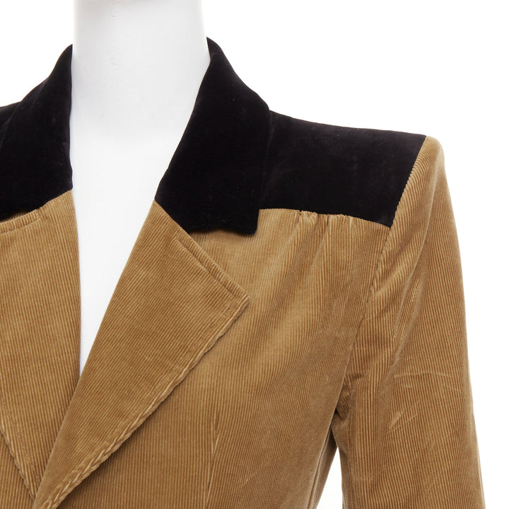 SAINT LAURENT 2022 Runway peak lapel brown cotton corduroy black jumpsuit FR34