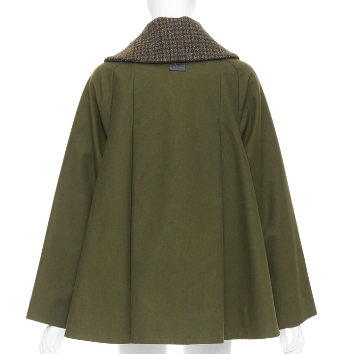 LOEWE khaki green cotton tweed collar bow neck swing coat FR34 XS