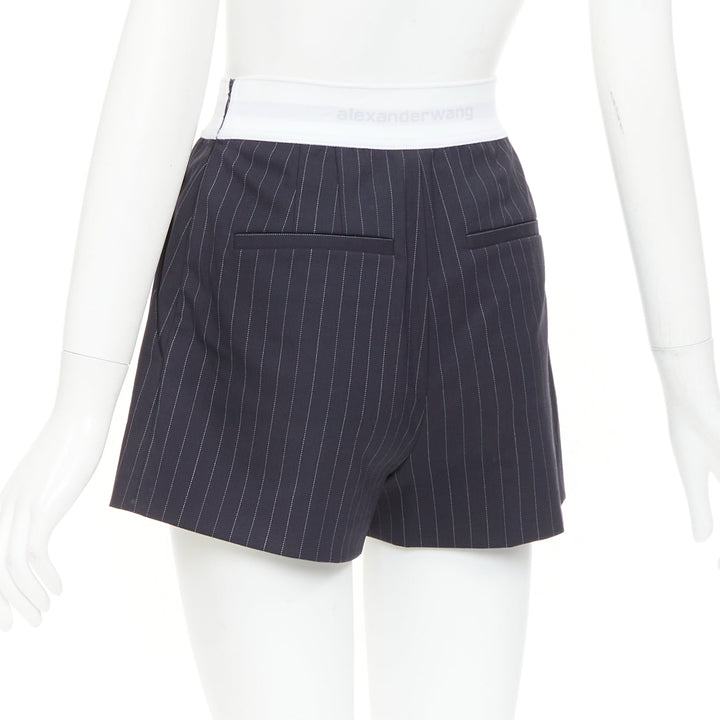 ALEXANDER WANG navy pinstripe white grey logo waistband shorts US0 XS