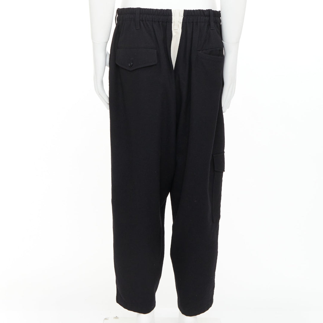 YOHJI YAMAMOTO black wool white cotton trim buttons wide leg pants JP3 L