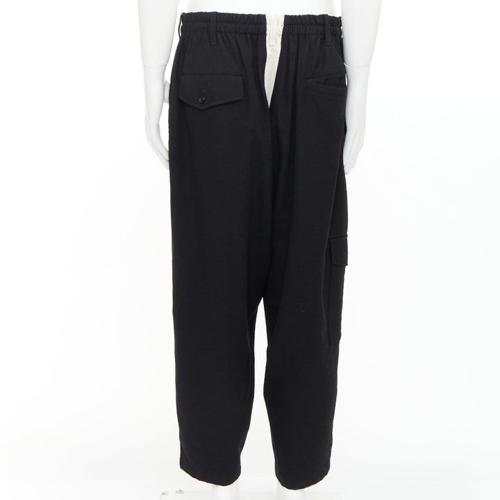 YOHJI YAMAMOTO black wool white cotton trim buttons wide leg pants JP3 L