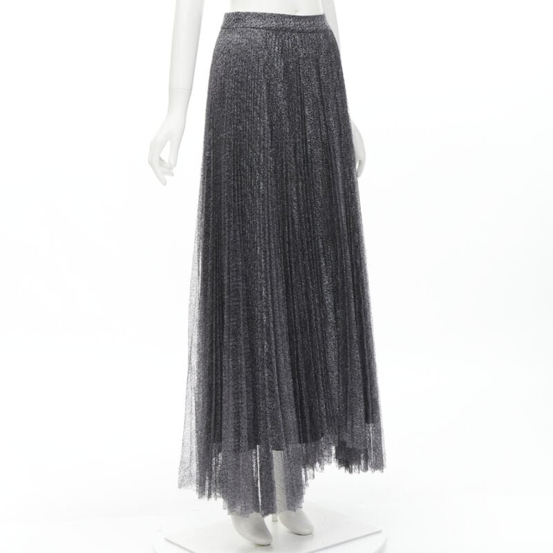 ALICE OLIVIA metallic silver thread black pleated asymmetric hem skirt US2