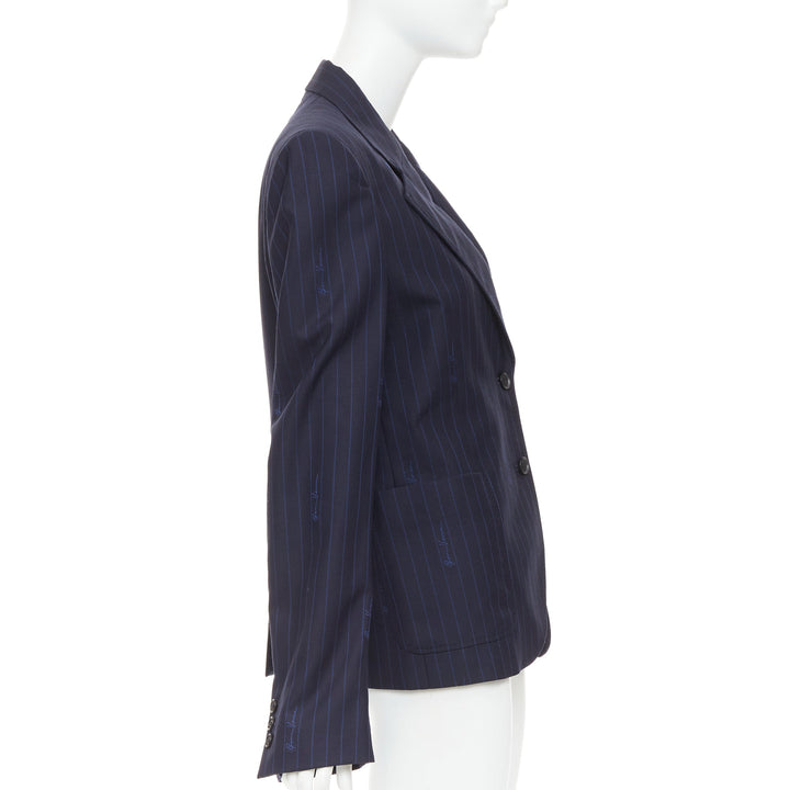 VERSACE navy virgin wool cotton GV Signature pinstripe blazer jacket IT40 S