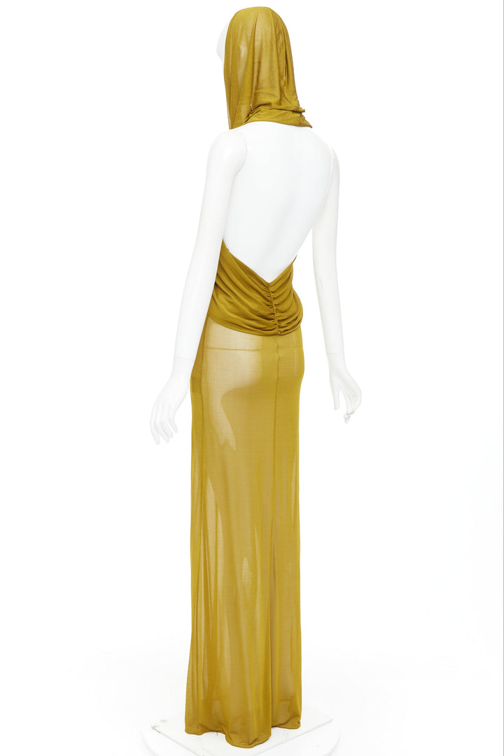 SAINT LAURENT 2023 Runway gold hooded draped maxi sheer dress FR36 S