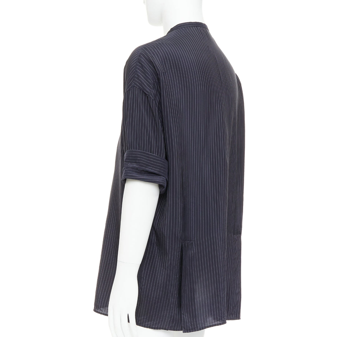 HAIDER ACKERMANN black pinstriped bishop collared half sleeve shirt S