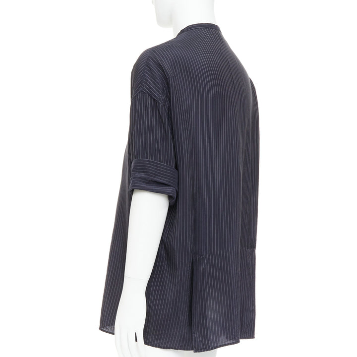 HAIDER ACKERMANN black pinstriped bishop collared half sleeve shirt S