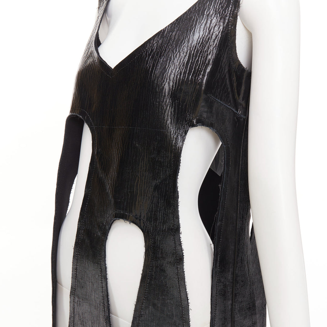 rare COMME DES GARCONS 2019 black textured cowhide leather fringed petal top XS