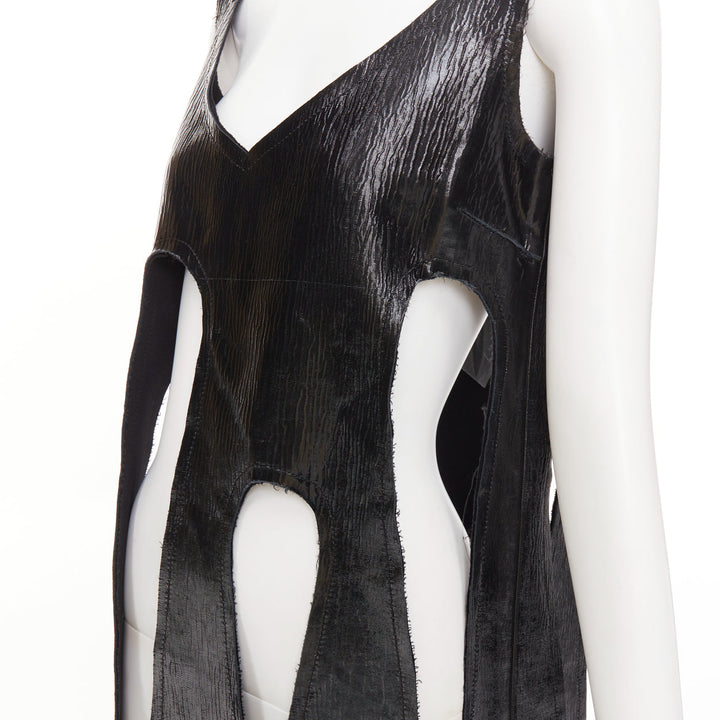 rare COMME DES GARCONS 2019 black textured cowhide leather fringed petal top XS