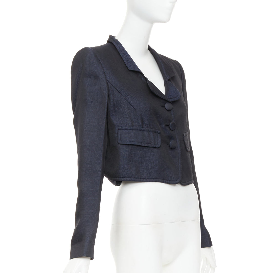 GIORGIO ARMANI navy textured flap pockets cropped evening jacket blazer IT46 XL