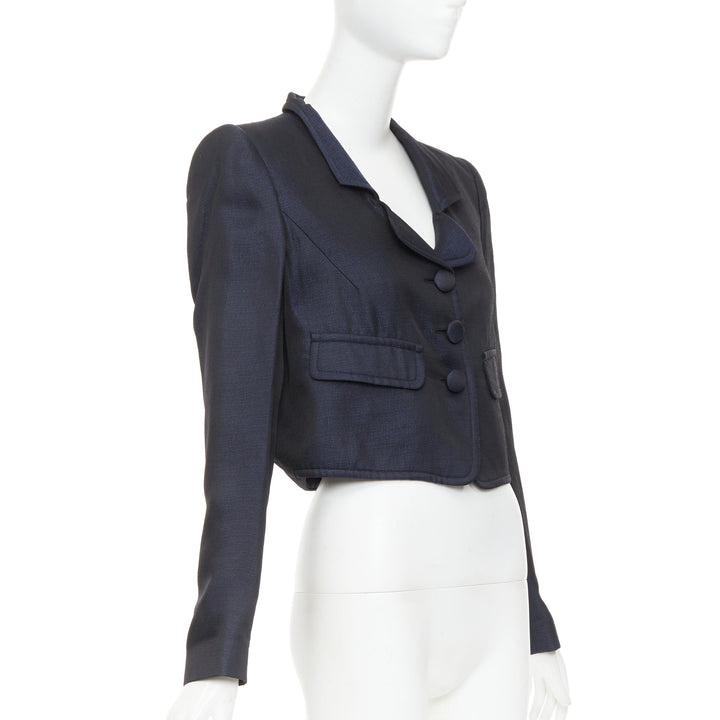 GIORGIO ARMANI navy textured flap pockets cropped evening jacket blazer IT46 XL