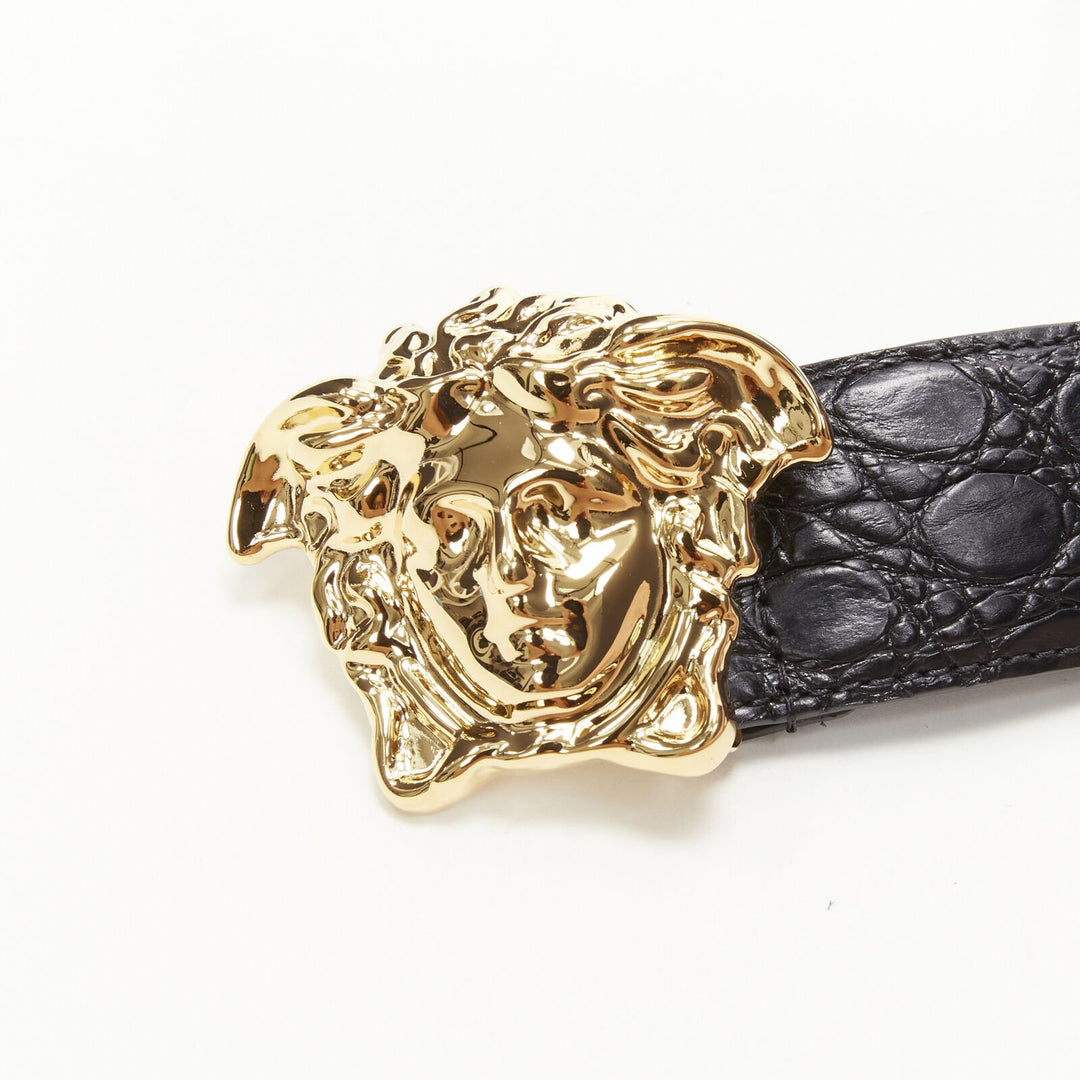 VERSACE $1200 La Medusa gold buckle black scaled leather belt 110cm 42-46"