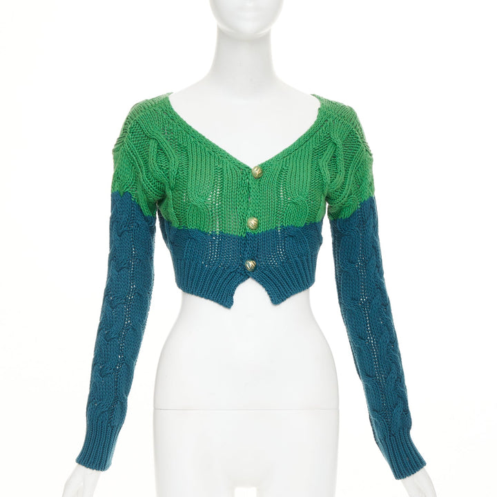 ETRO 2023 bicolor green teal cotton cashmere mixed cable knit cardigan IT38 XXS