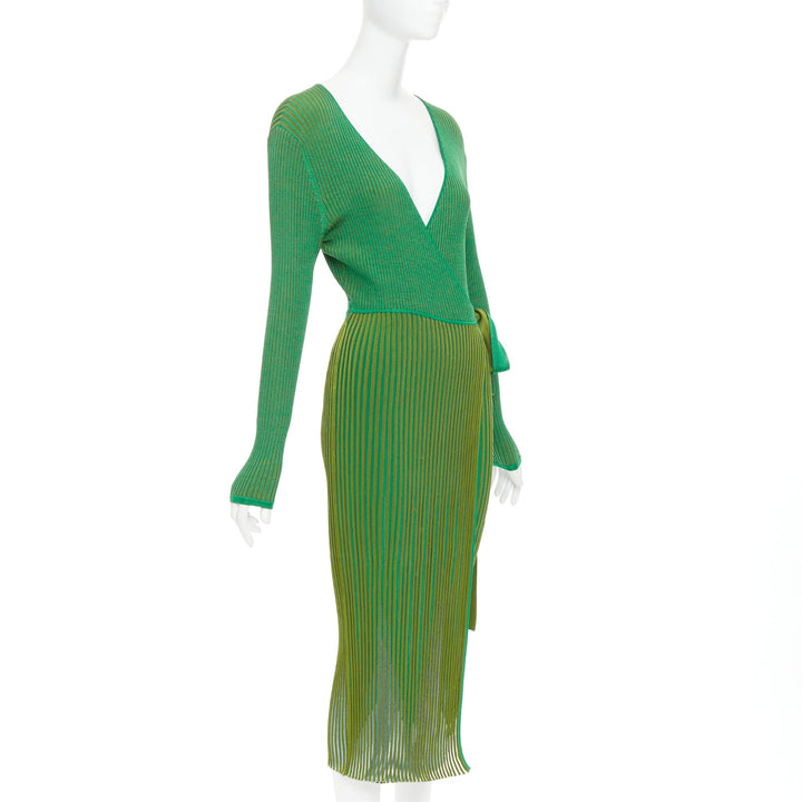 DIANE VON FURSTENBERG green ribbed deep V long wrap dress S