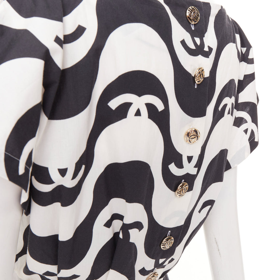 CHANEL 21P Runway black white cc wave print cotton mini romper playsuit FR34 XS
