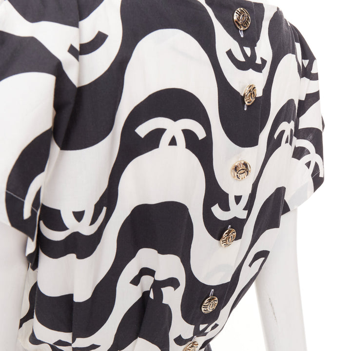 CHANEL 21P Runway black white cc wave print cotton mini romper playsuit FR34 XS
