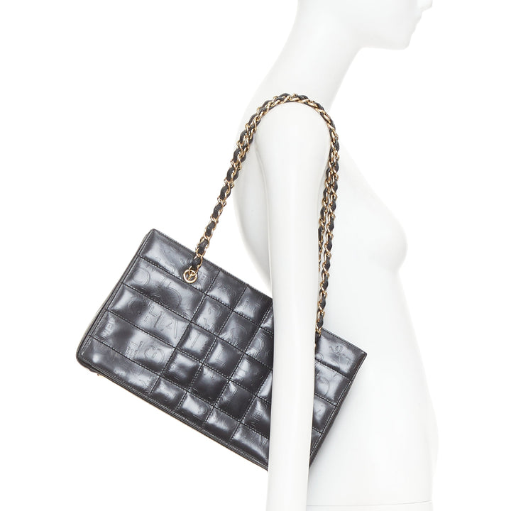 CHANEL Vintage 2002 Chocolate Bar black leather logo embossed chain tote bag