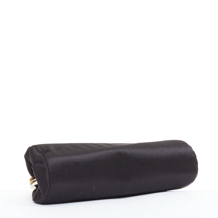 CHANEL Vintage black satin gold frame slide lock half moon evening clutch bag