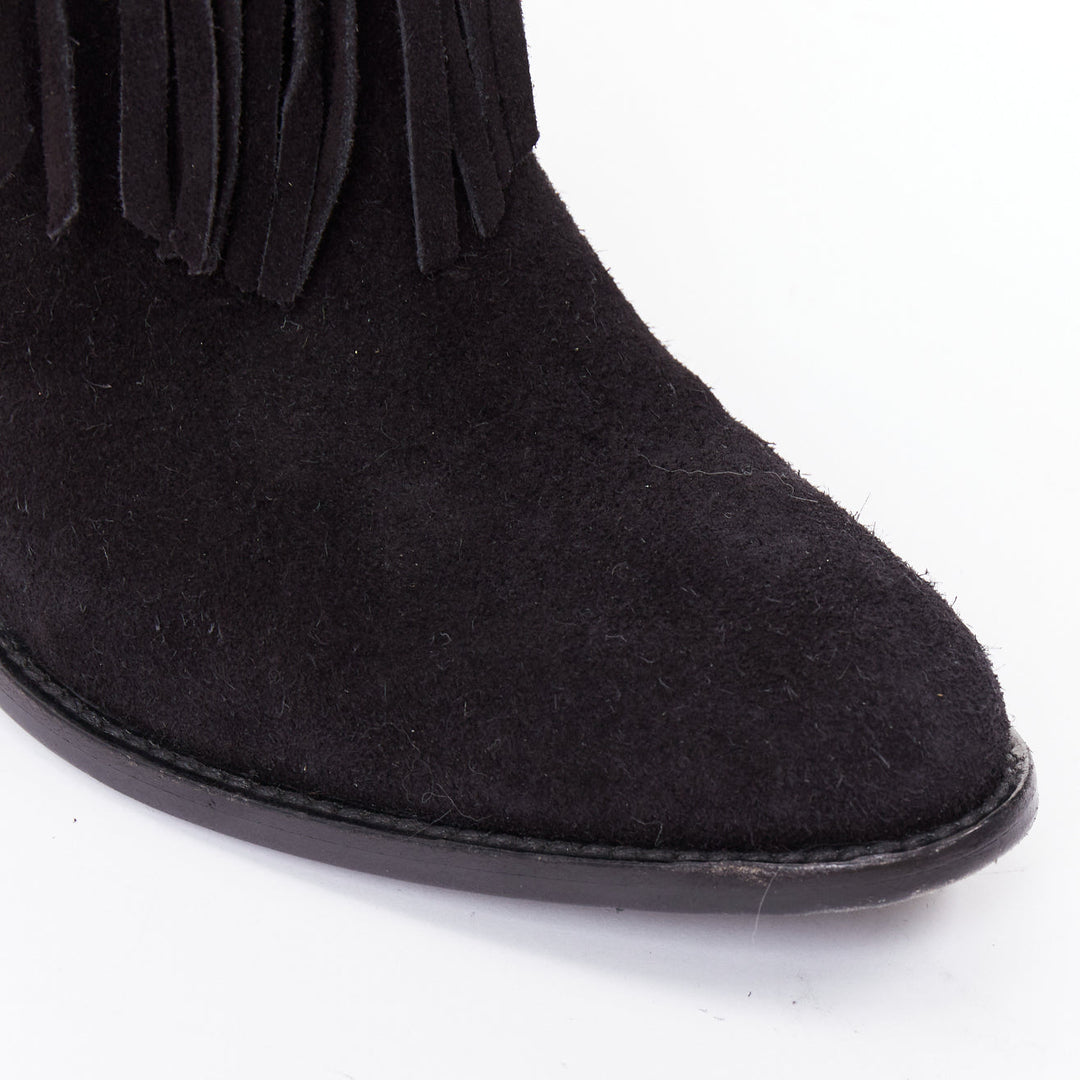 SAINT LAURENT Curtis 80 black suede fringe cuban heel western boots EU39.5
