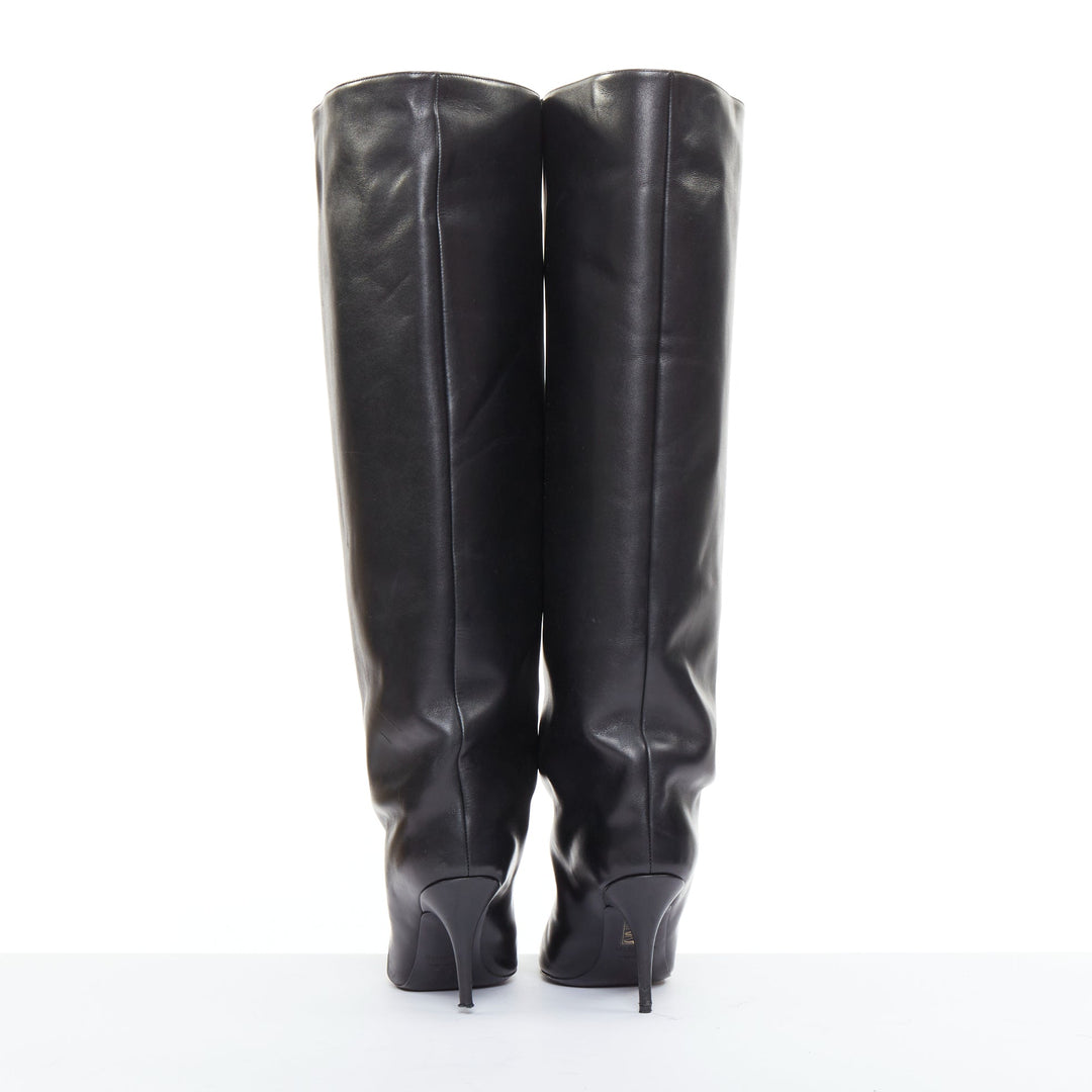 BALENCIAGA 2022 Runway Waders 90mm black leather flared shaft pointy boots EU