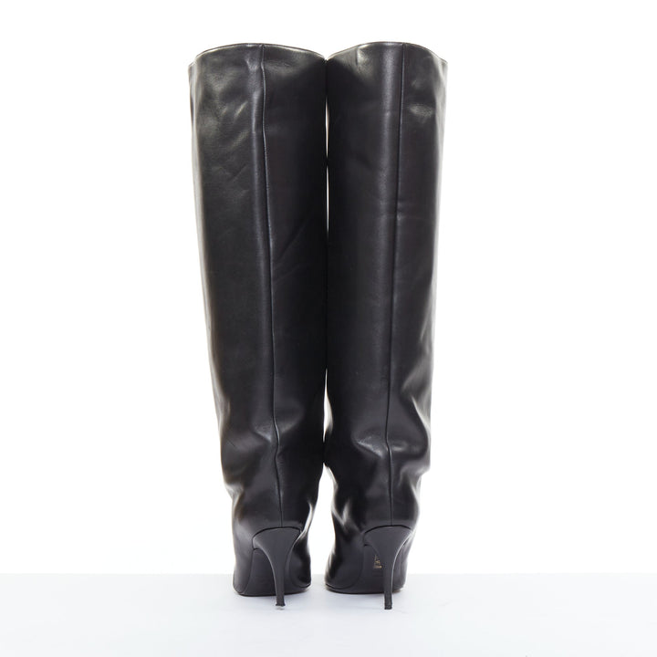 BALENCIAGA 2022 Runway Waders 90mm black leather flared shaft pointy boots EU