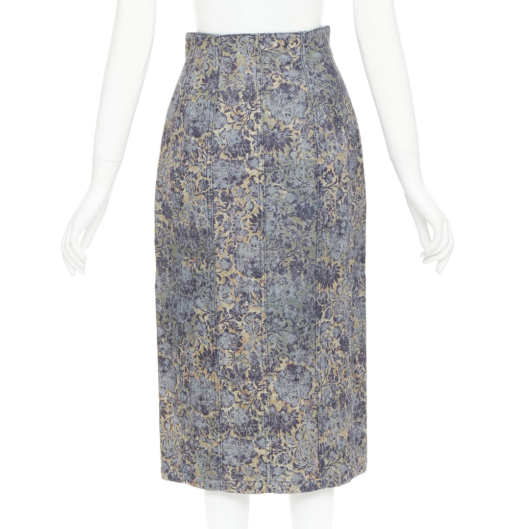 DIOR Brocart blue beige floral brocade denim knee skirt FR36 S