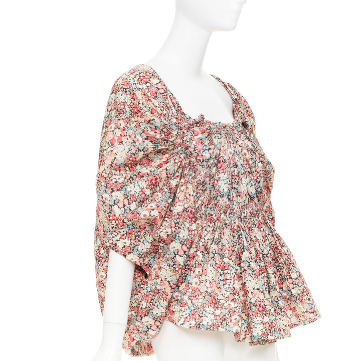 JUNYA WATANABE 2007 multicolor ditsy floral gathered smocked cotton blouse S