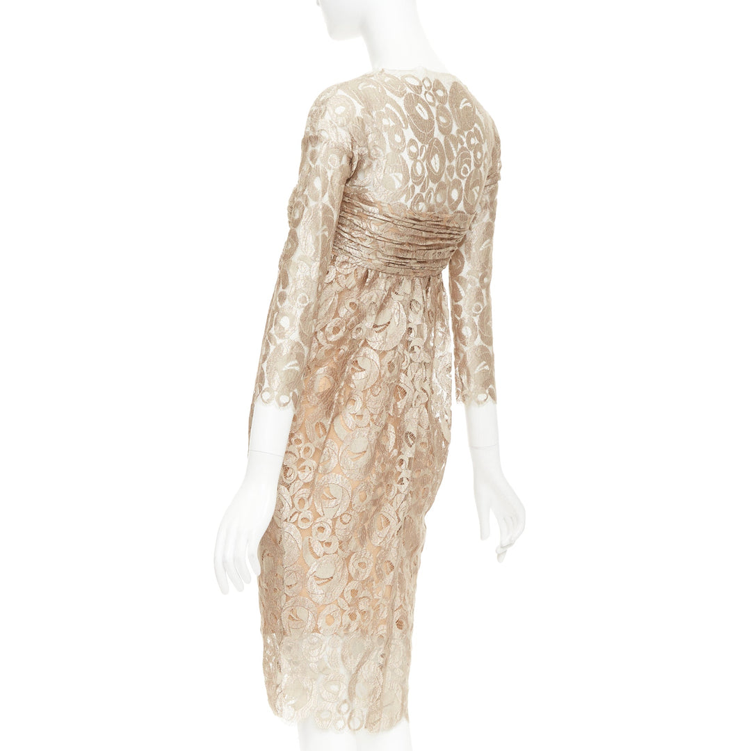 ROMEO GIGLI JOYCE Vintage ruched empire lace gold draped cocktail dress IT36 XXS