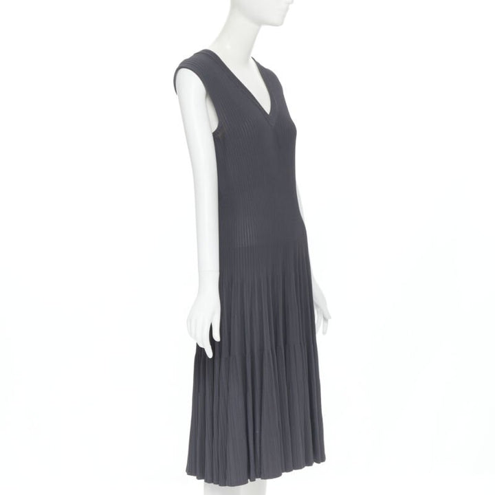 ALAIA dust grey ribbed V-neck sleeveless fit flared cocktail dress M