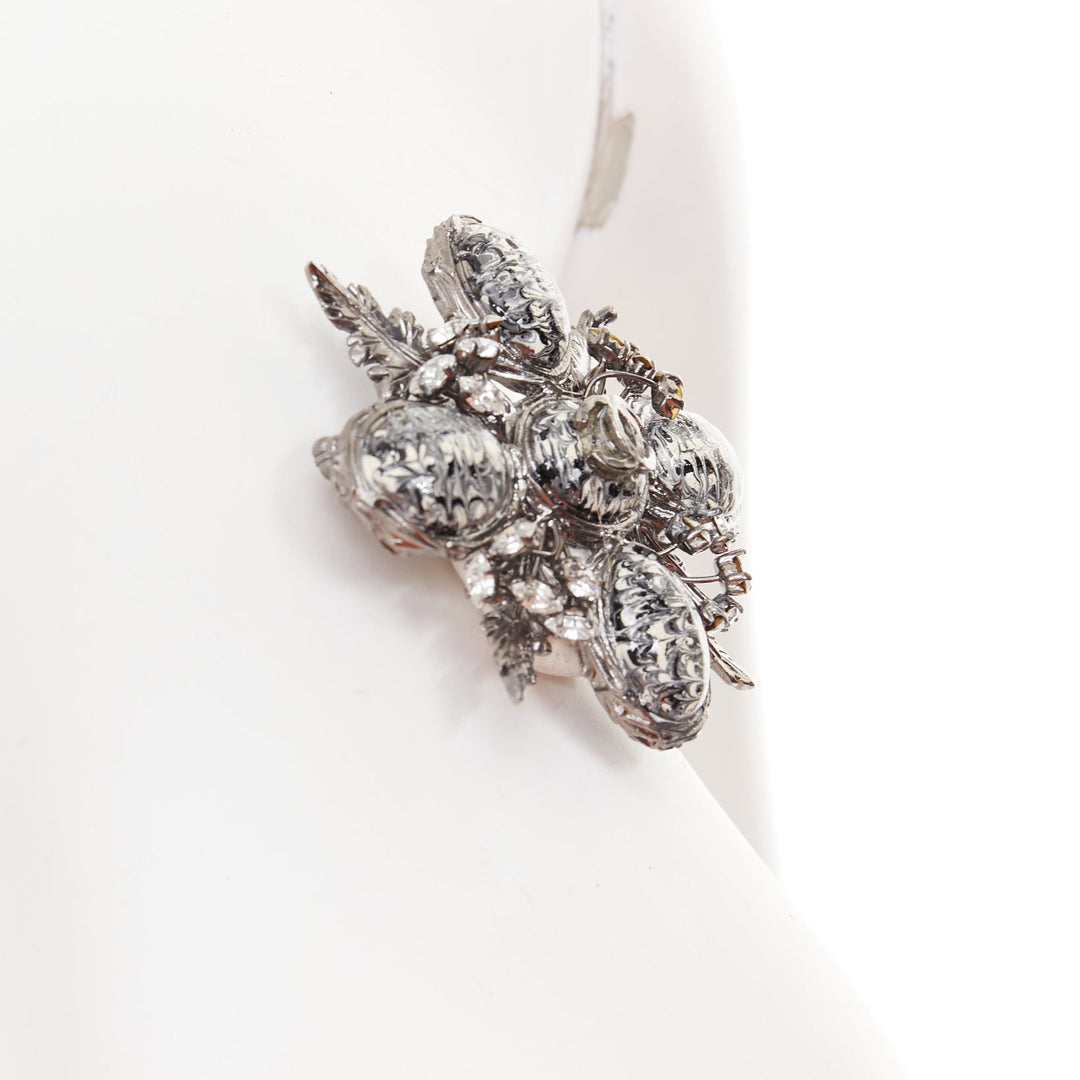 CHANEL Faux Marble Cabochon Leaf Medallion silver black CC floral pin brooch