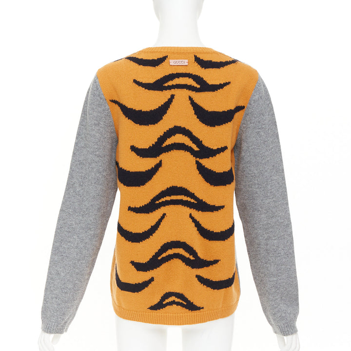 GUCCI 2016  100% wool Tiger intarsia grey animal knit pullover sweater M