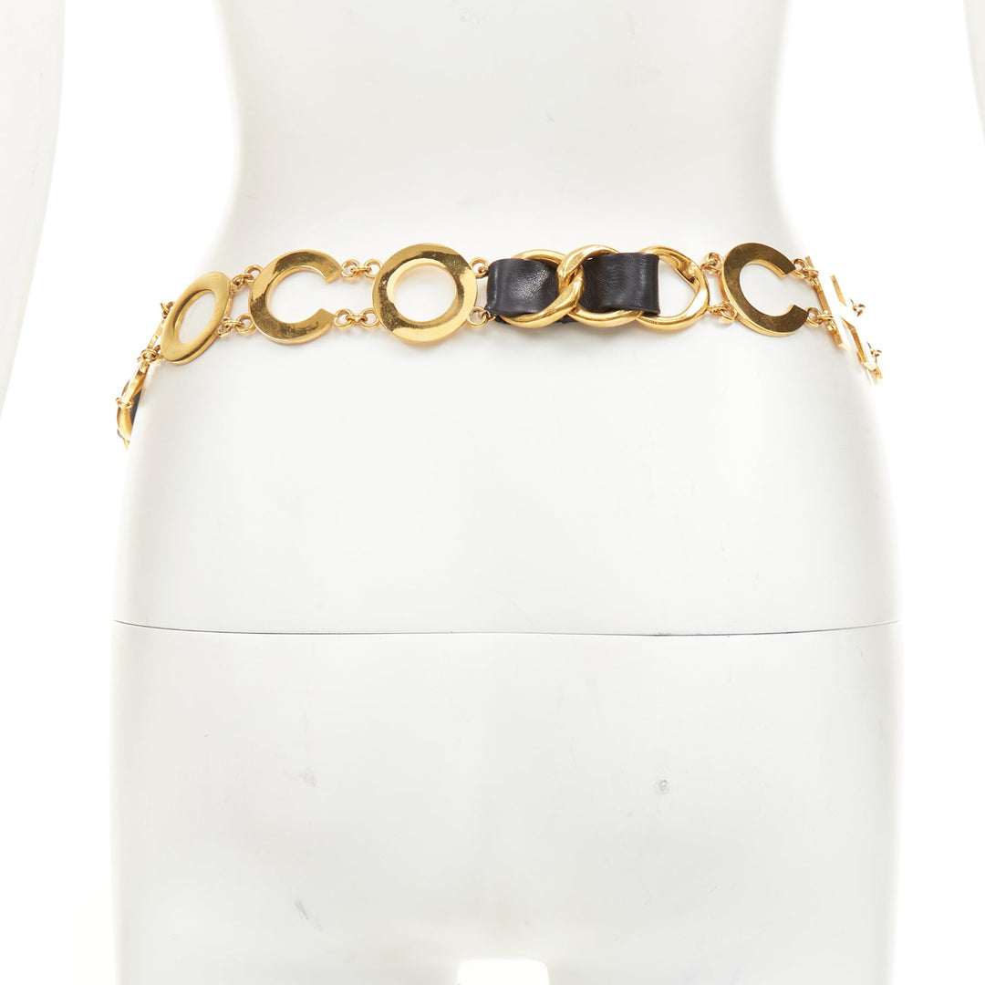 rare CHANEL 1993 Vintage Spell Out logo black leather interwoven gold chain belt