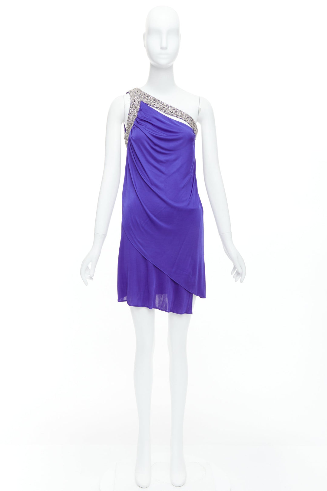 EMILIO PUCCI purple silver beaded neck one shoulder tiered dress IT38 XS