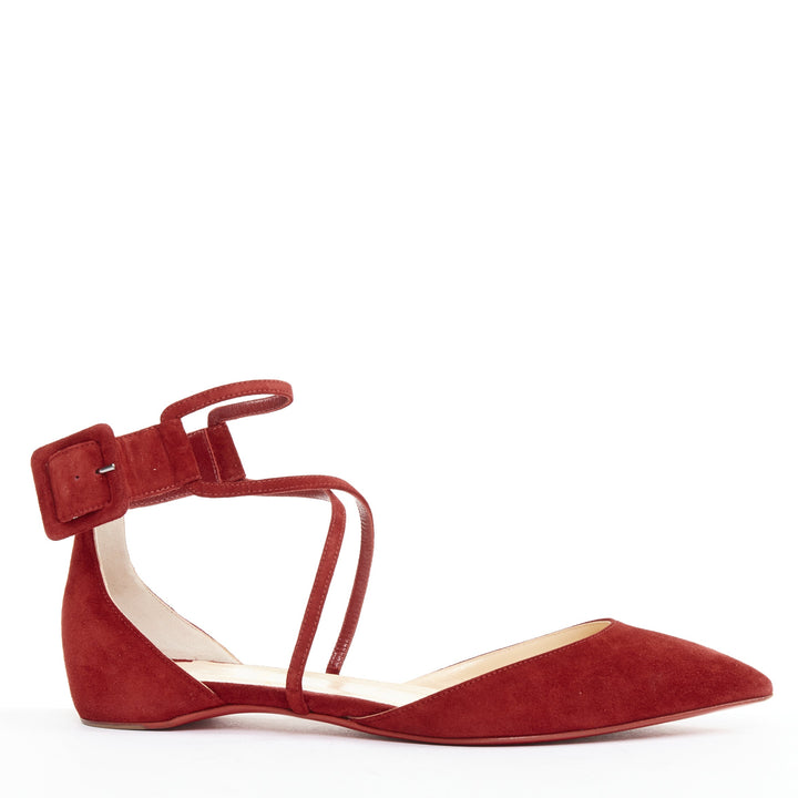 CHRISTIAN LOUBOUTIN Suzanna Flat Veau Velours Carmin red suede pointy flats EU