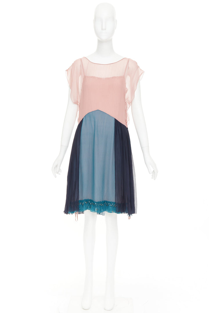 PRADA 2015 silk chiffon paneled colorblocked embellished cocktail dress IT40 S
