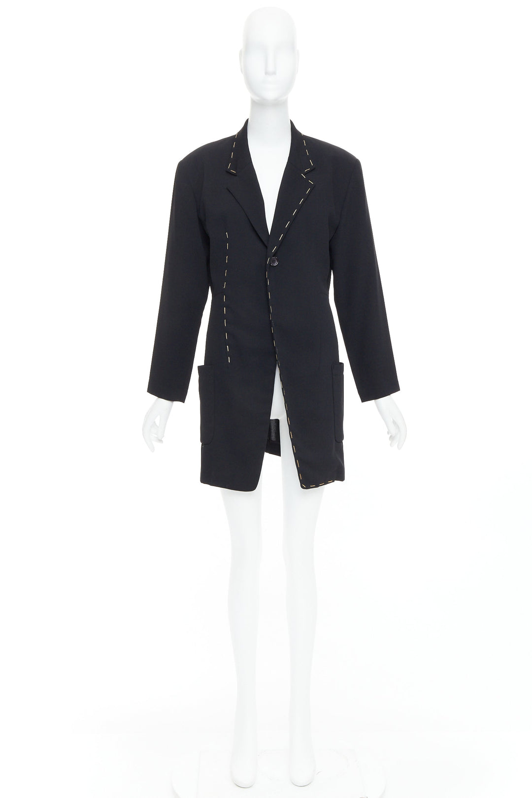 YOHJI YAMAMOTO black wool blend handstitched detail long blazer coat S