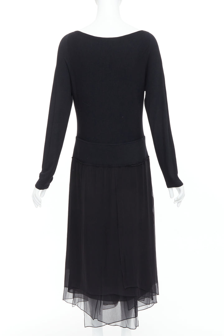 DONNA KARAN Vintage black silk trimmed viscose wool boxy midi dress L