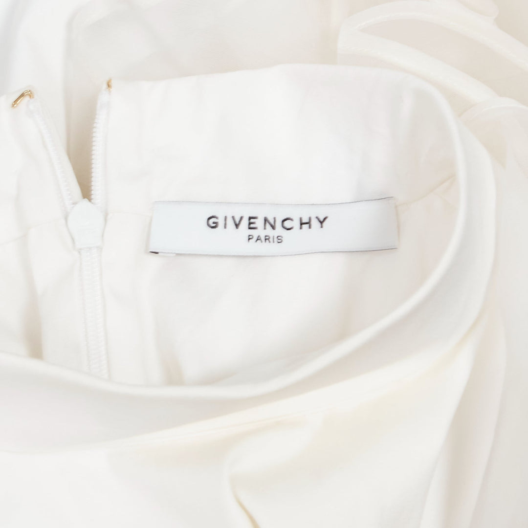 GIVENCHY white silky sheer ruffles front hi neck collar sleeveless shirt
