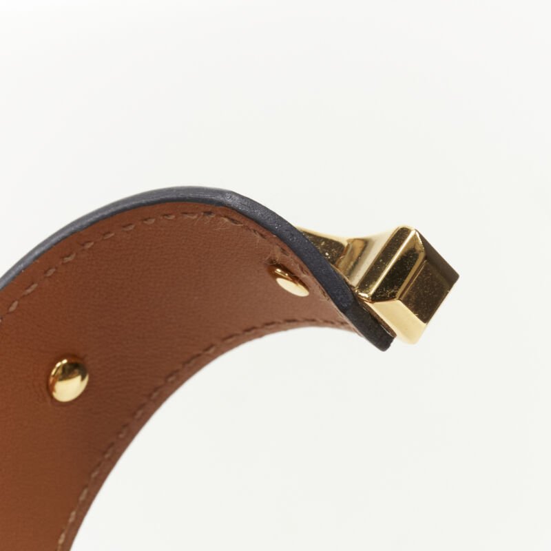 HERMES gold plated brass black leather open cuff minimal bracelet