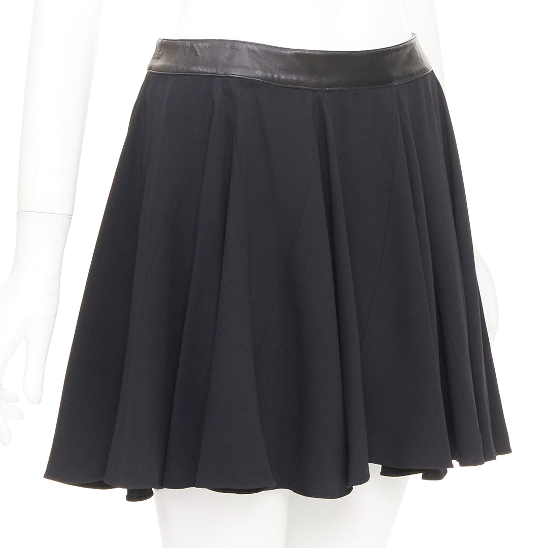 SAINT LAURENT 2012 black leather trim waist acetate mini flutter skirt FR36 S