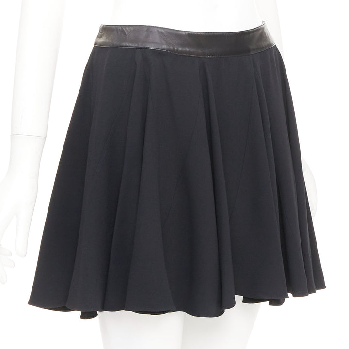 SAINT LAURENT 2012 black leather trim waist acetate mini flutter skirt FR36 S
