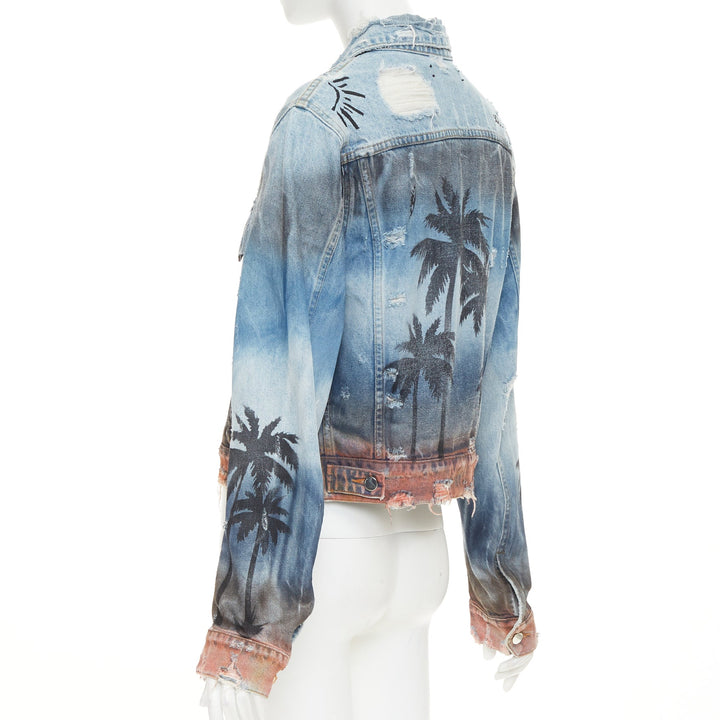 AMIRI 2017 Palm Tree Sunset airbrush blue distressed denim trucker jacket XS