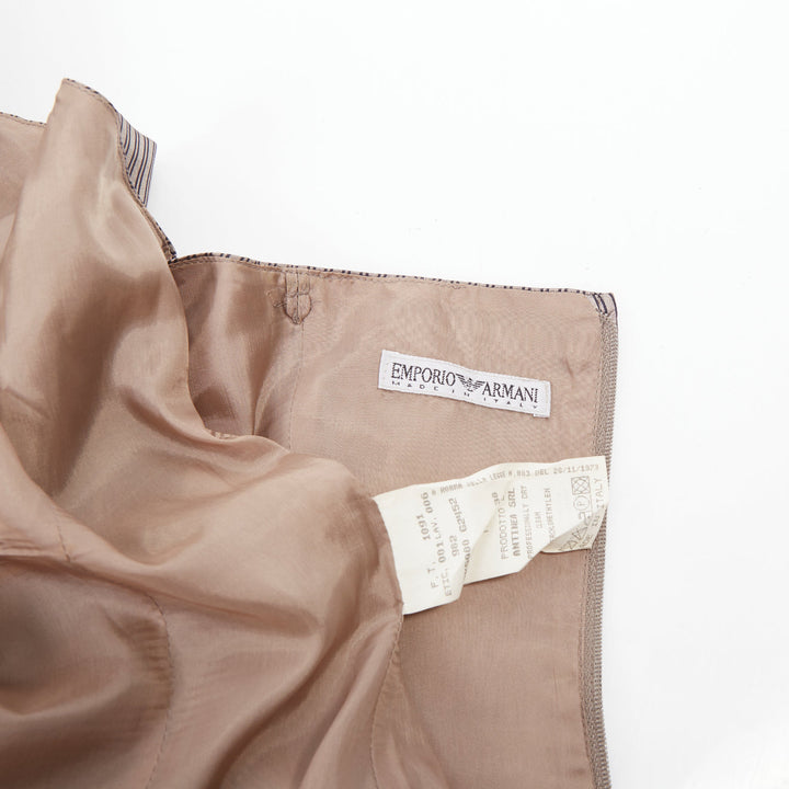 EMPORIO ARMANI Vintage brown pinstripe silk woven strapless bustier top IT38 XS