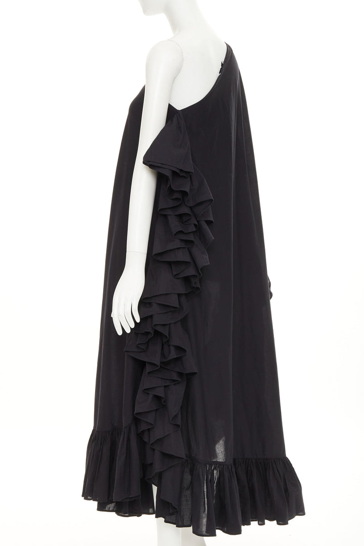 KALITA Evanthie black asymmetric one shoulder ruffled cotton dress S