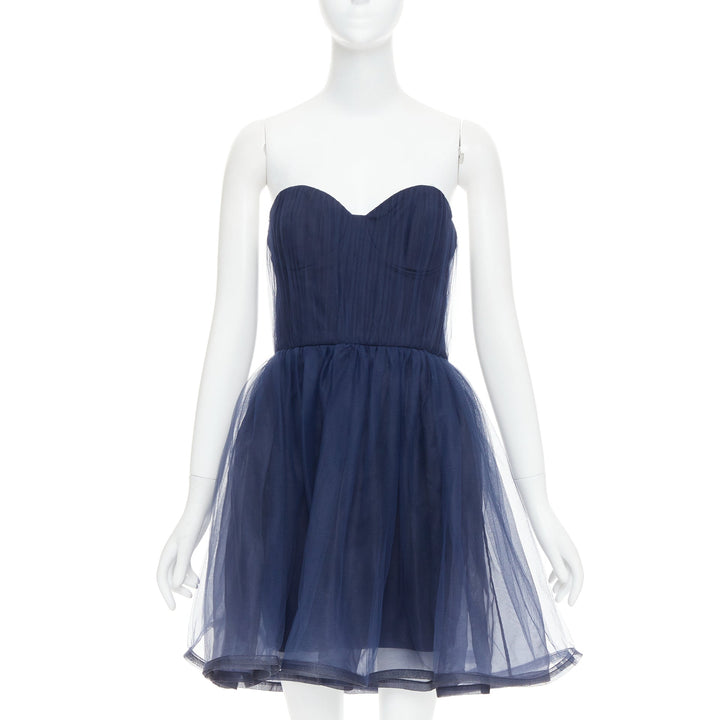 ALICE OLIVIA Landi Gathered navy tulle sheer overlay silk trimmed babydoll dress