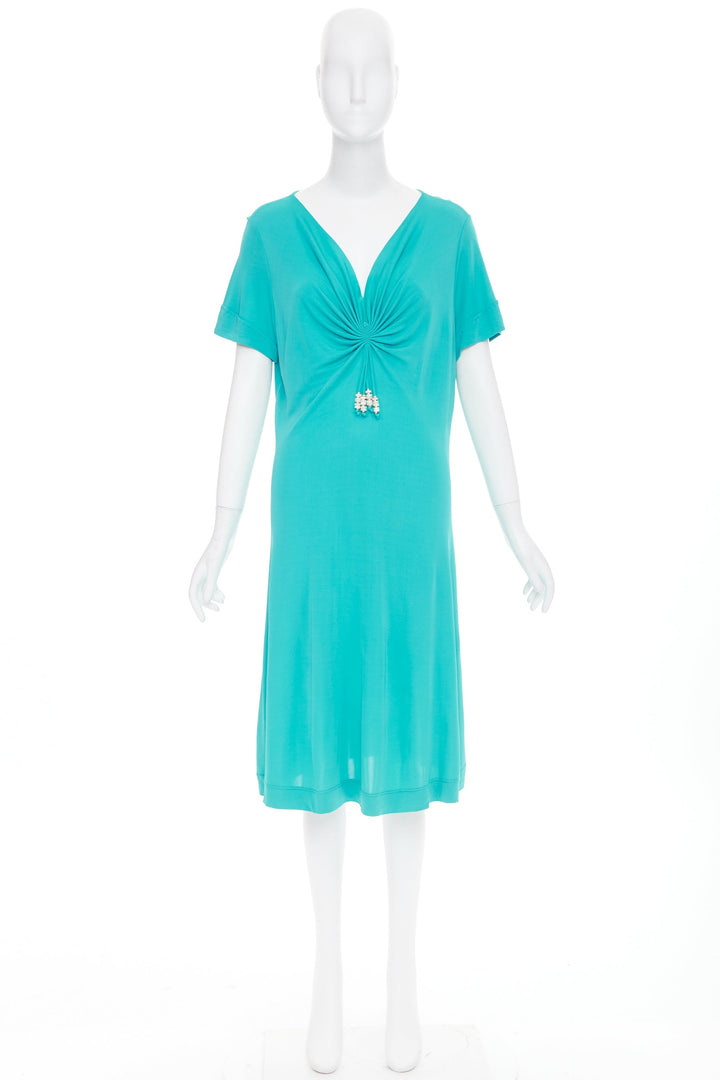 ESCADA Vintage ruched bust turquoise short sleeve beaded jersey dress FR44 XL